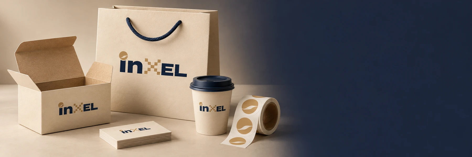 تصور توضيحي لأكياس وبوكس وأكواب وبطاقات بهوية INXEL PRINT